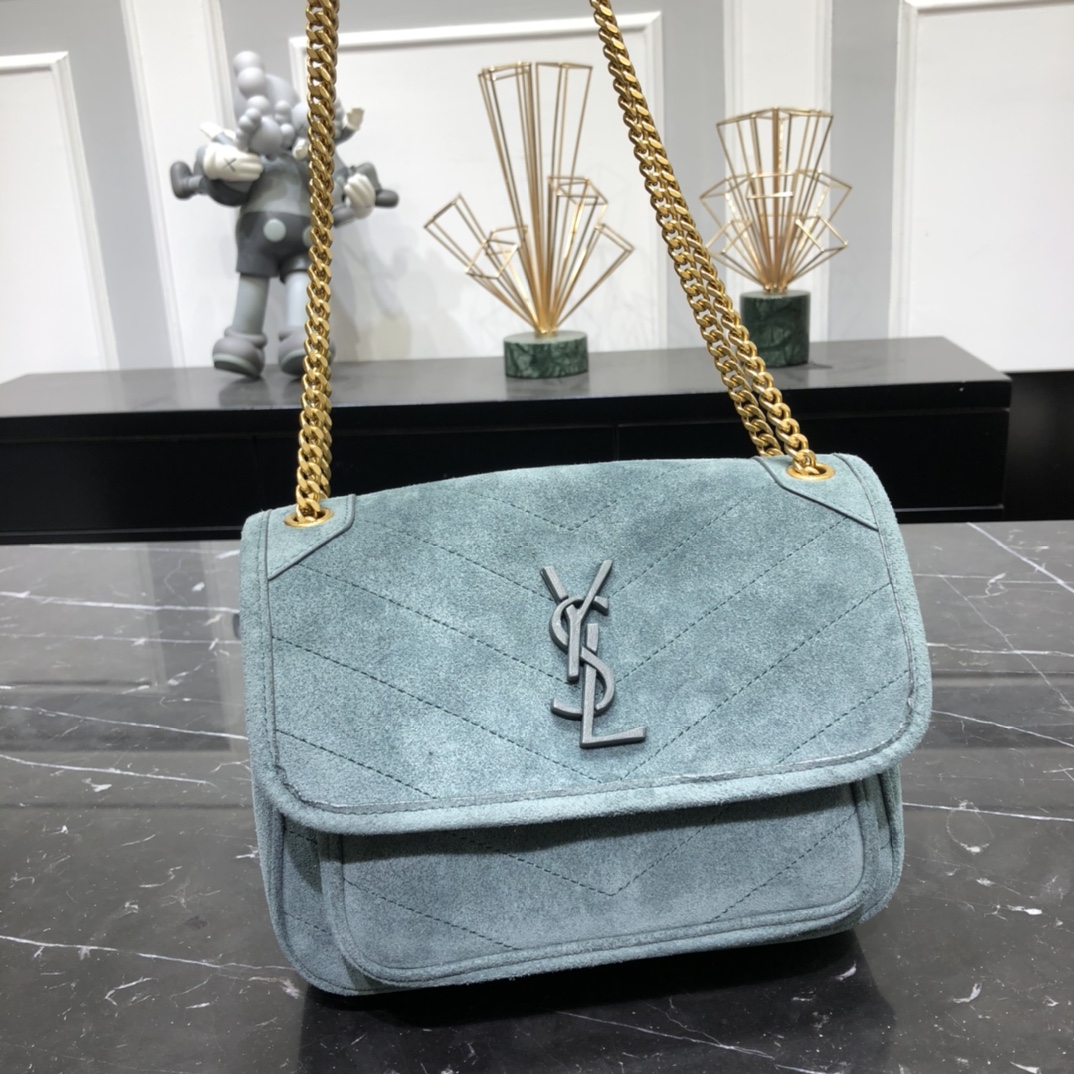 Saint Laurent Niki Baby Suede Calfskin Handbag Shoulder Bag Light Blue 633160